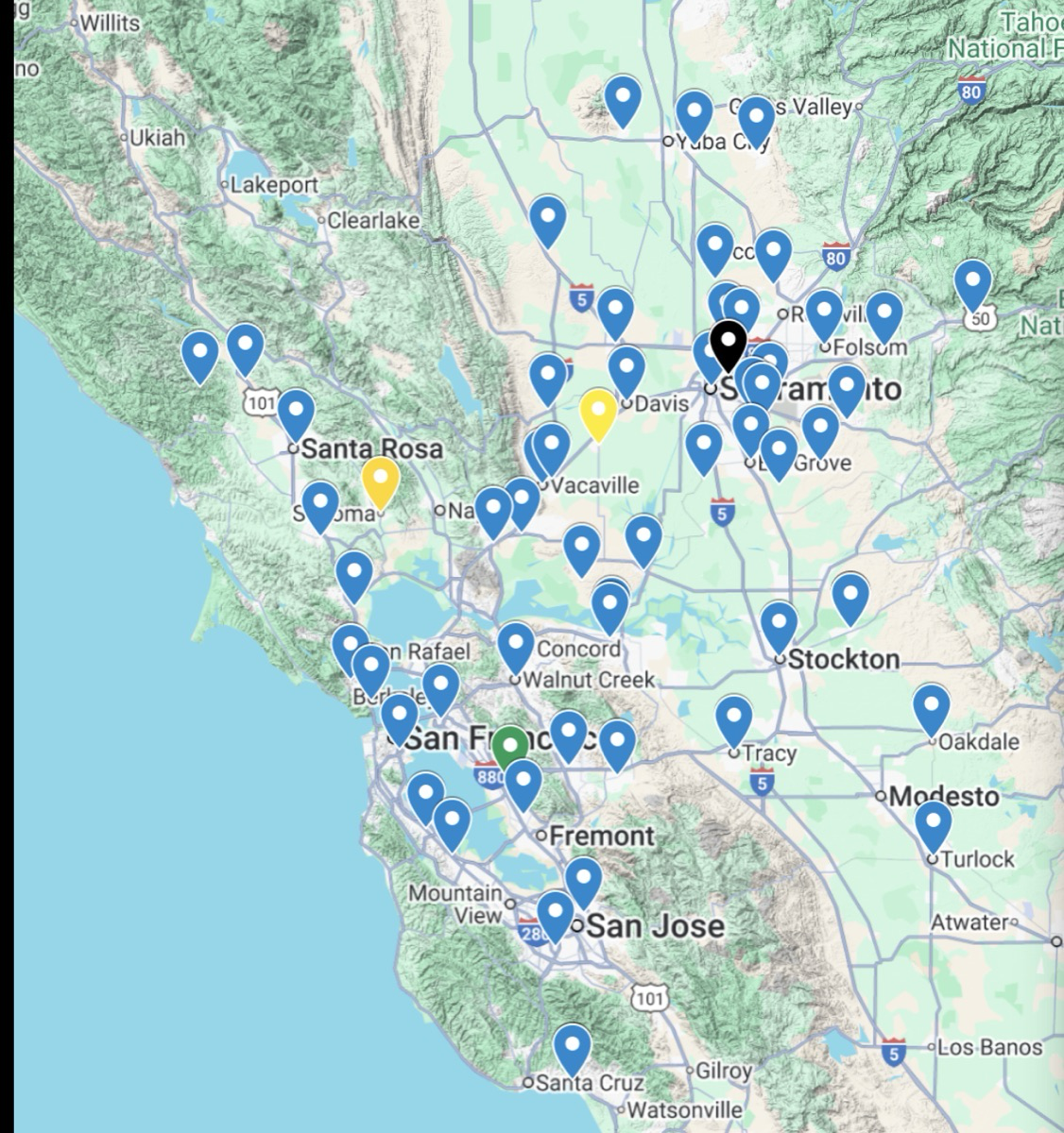 NorCal CARB Mobile coverage map — serving 15+ counties from Redding to San Jose, plus San Diego