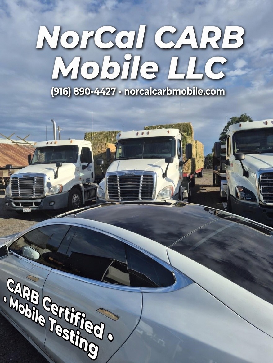 NorCal CARB Mobile Tesla parked in front of diesel trucks at a yard. We come to you.